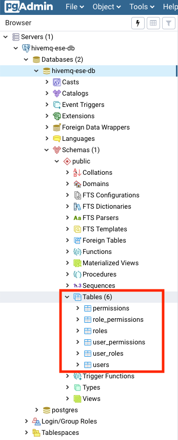 Created Tables result in the side navigation.