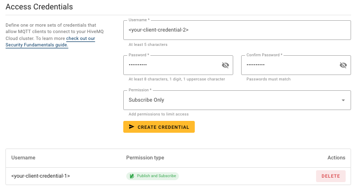 Access Management - Create MQTT Credentials