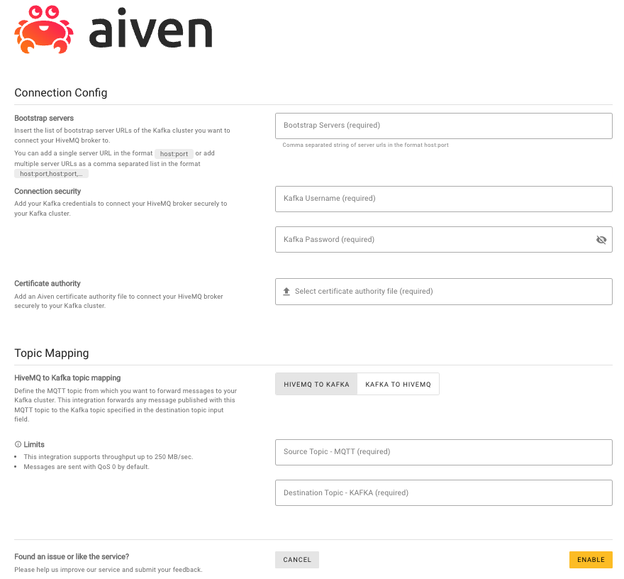 Aiven Kafka Streaming Configuration