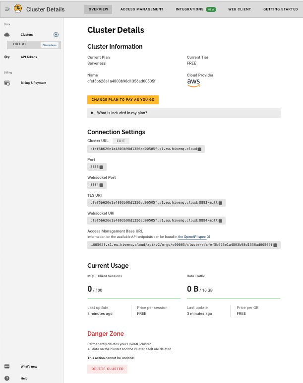 Details Overview for a HiveMQ Cloud Serverless Cluster
