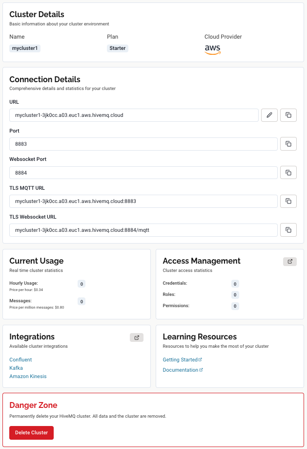 Details Overview for a HiveMQ Cloud Serverless Cluster