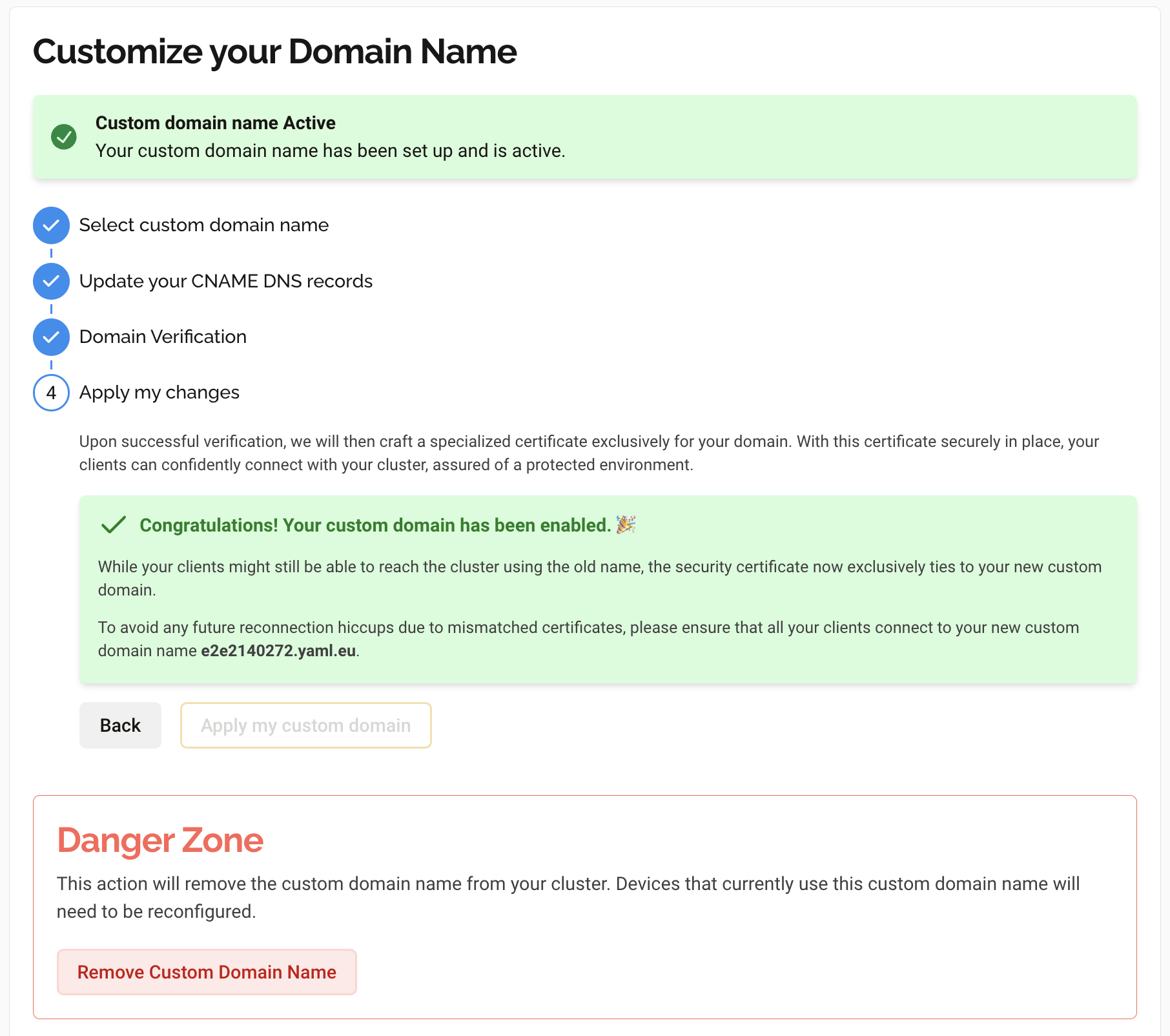 Customize your Domain Name - Custom domain name Active