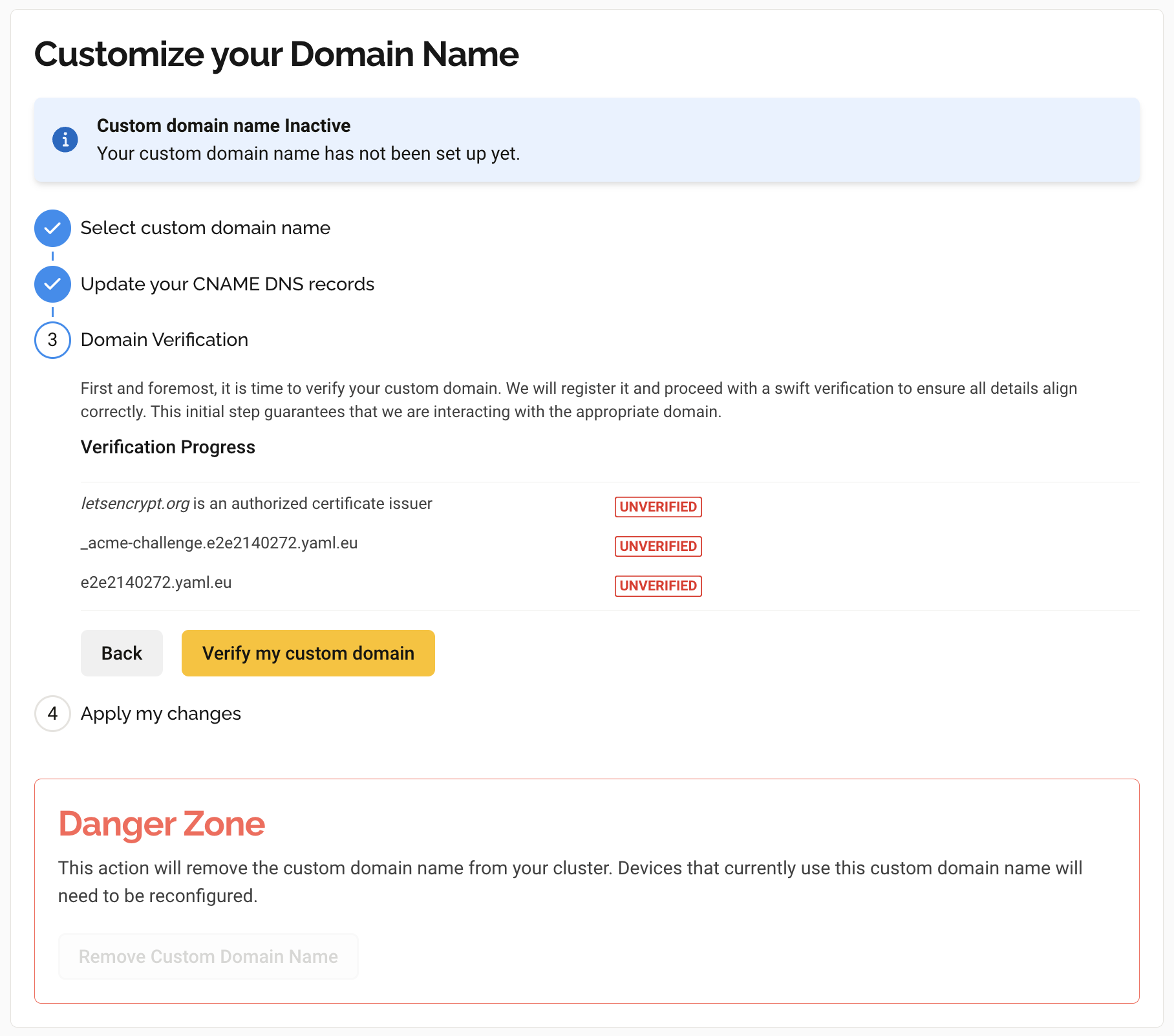 Customize your Domain Name - Verification Progress - Unverified