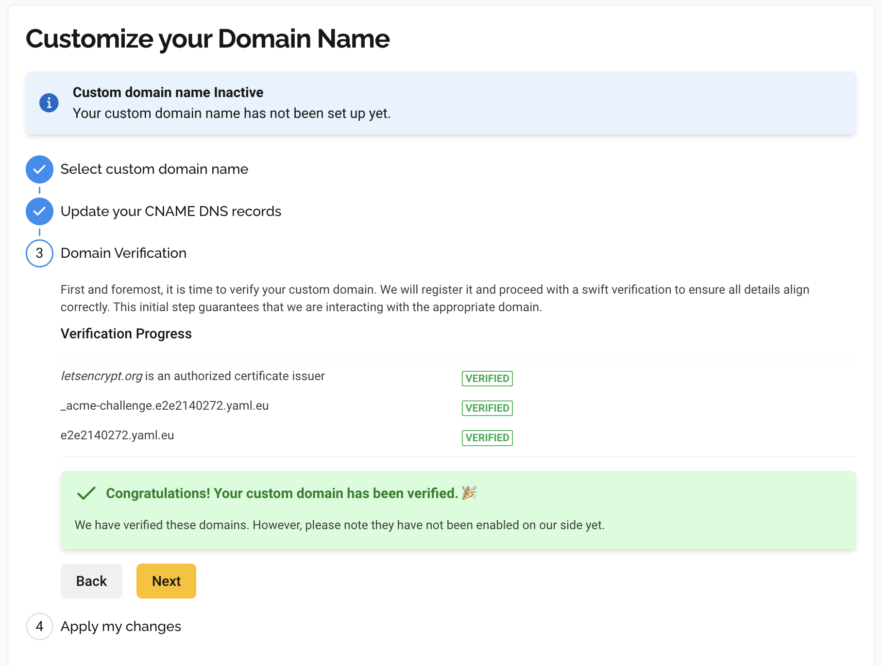 Customize your Domain Name - Verification Progress - Verified