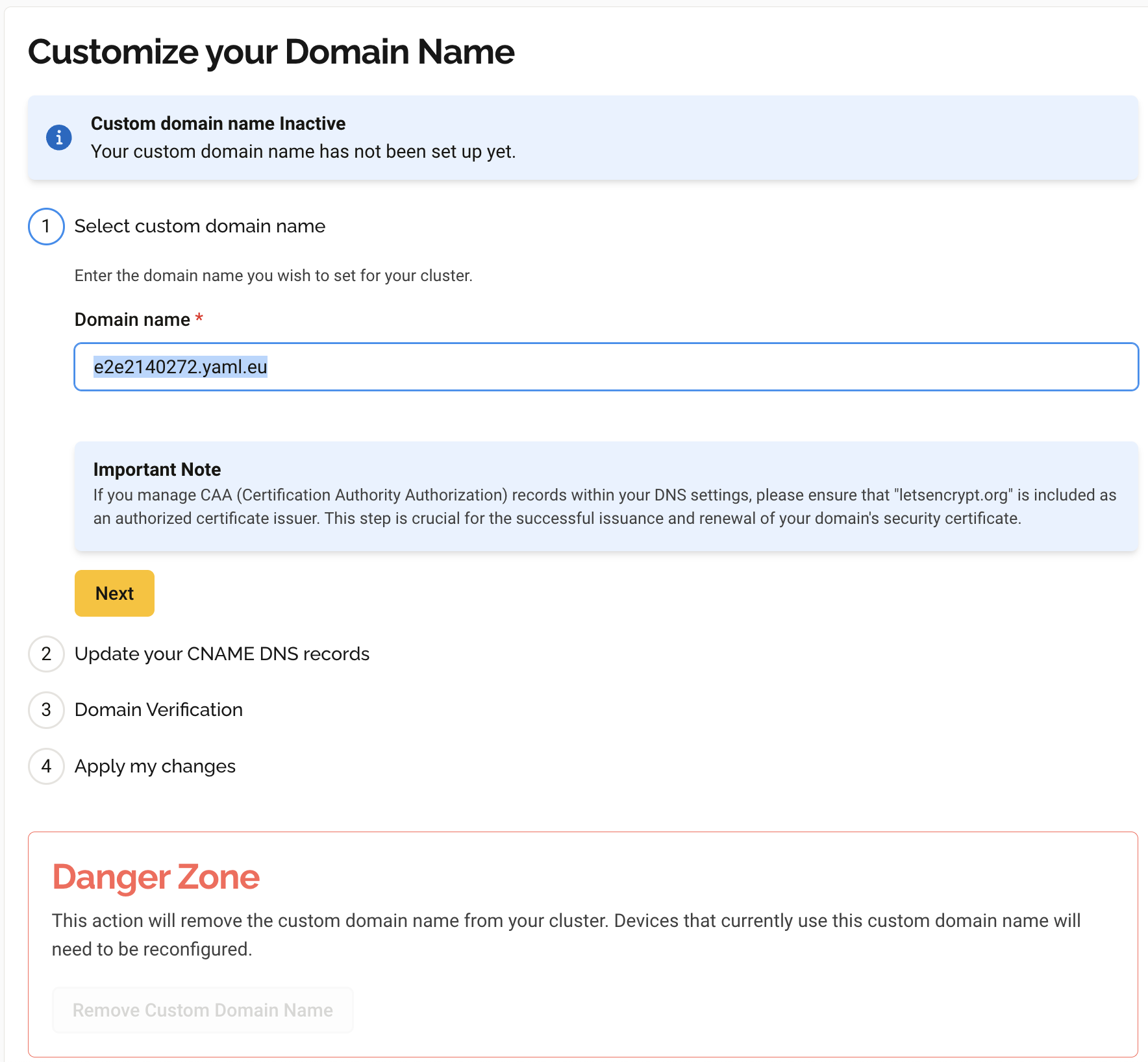 Customize your Domain Name - Select custom domain name