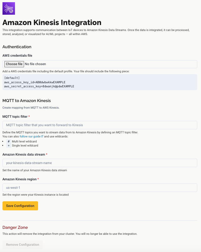 Amazon Kinesis Integration Configuration - Starter Plan