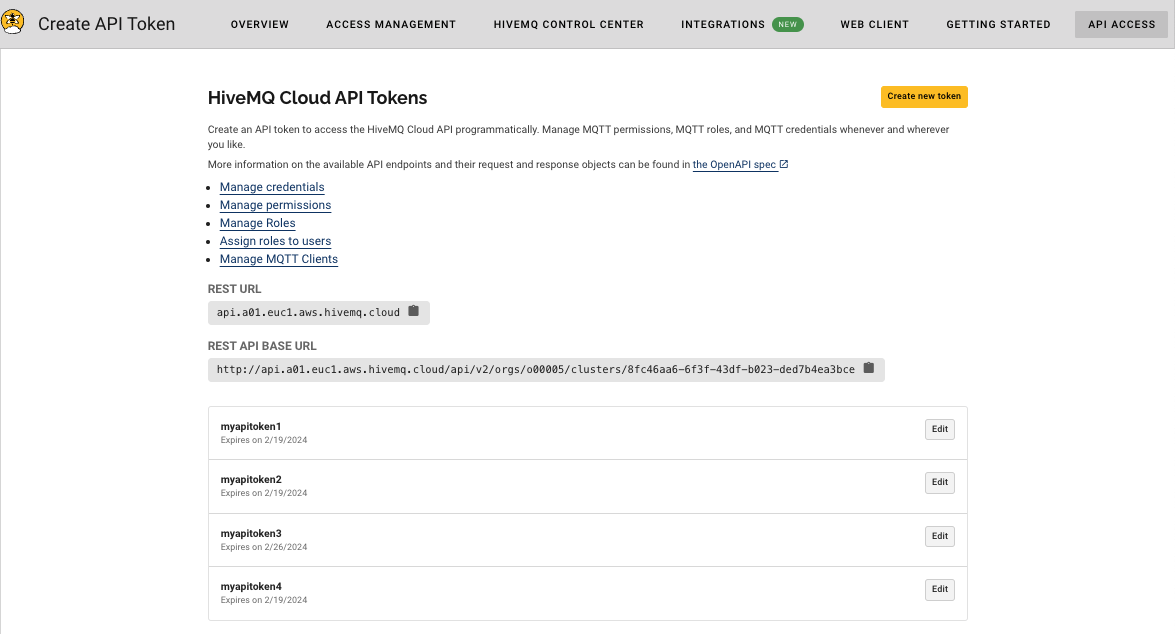 Edit HiveMQ Cloud API Tokens