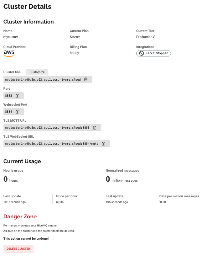 Cluster Details - HiveMQ Cloud Starter Plan