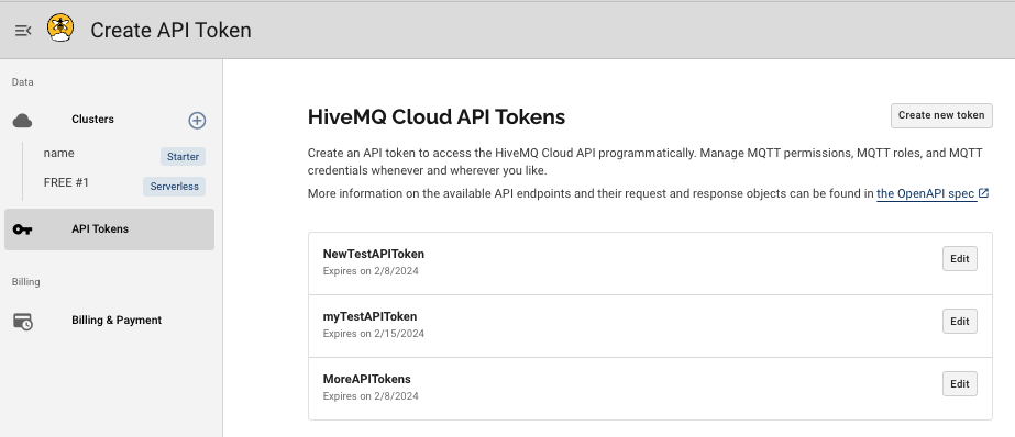 Edit HiveMQ Cloud API Tokens
