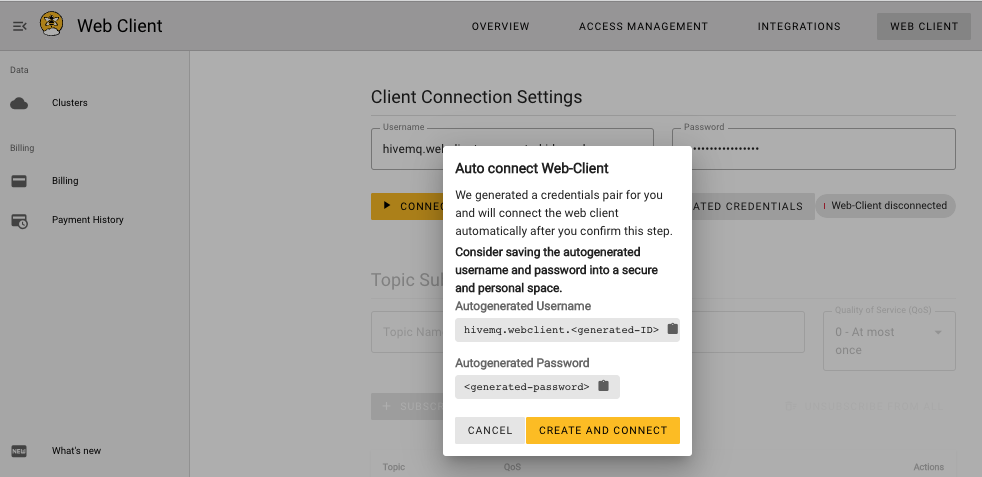 Generate Web Client Credentials on HiveMQ Cloud