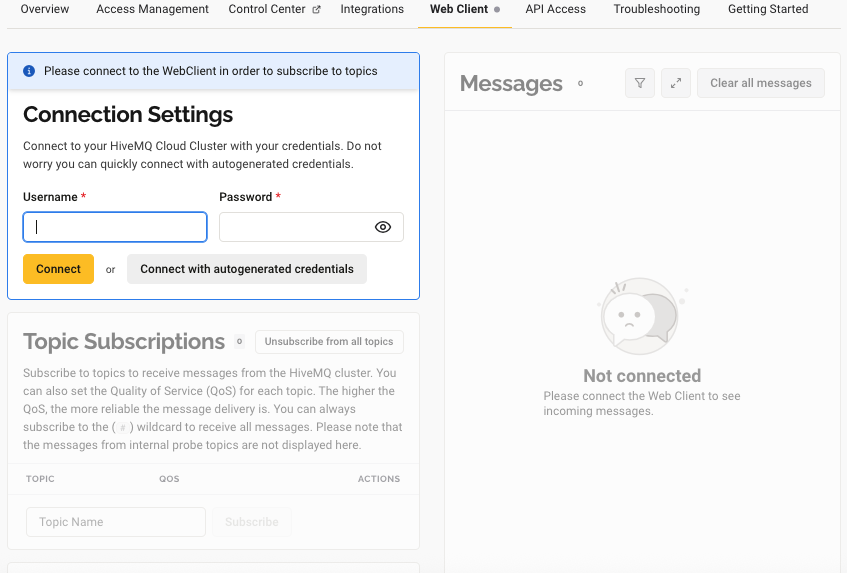 HiveMQ Cloud Web Client Tab