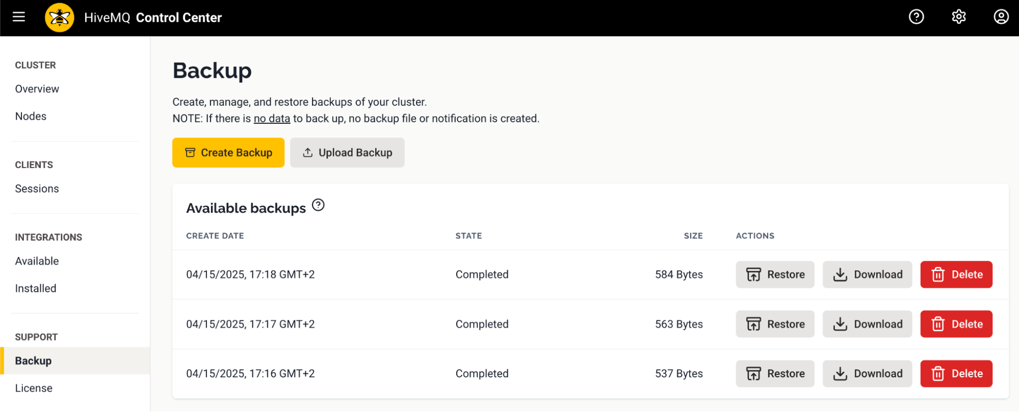 HiveMQ Control Center: Backups overview