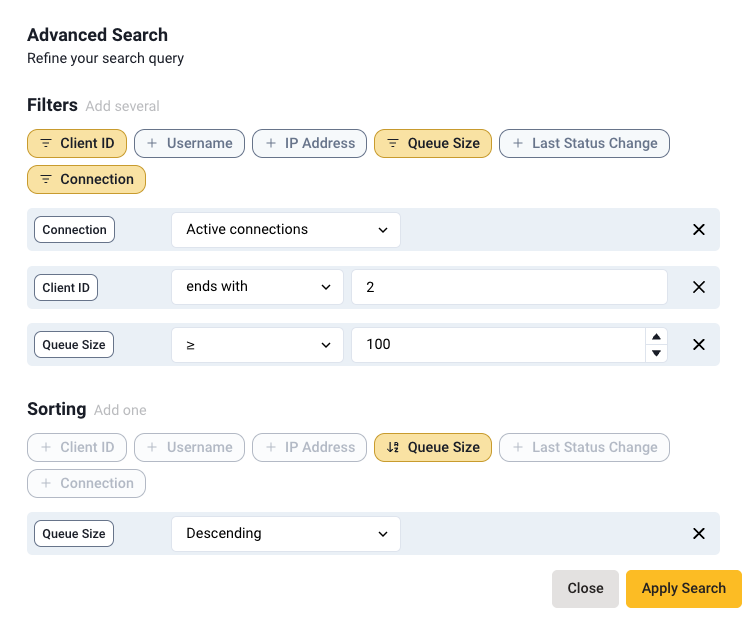 HiveMQ Control Center: Advanced Search