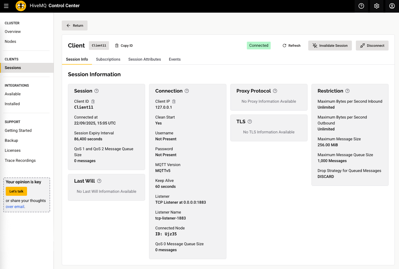 HiveMQ Control Center: Client Details