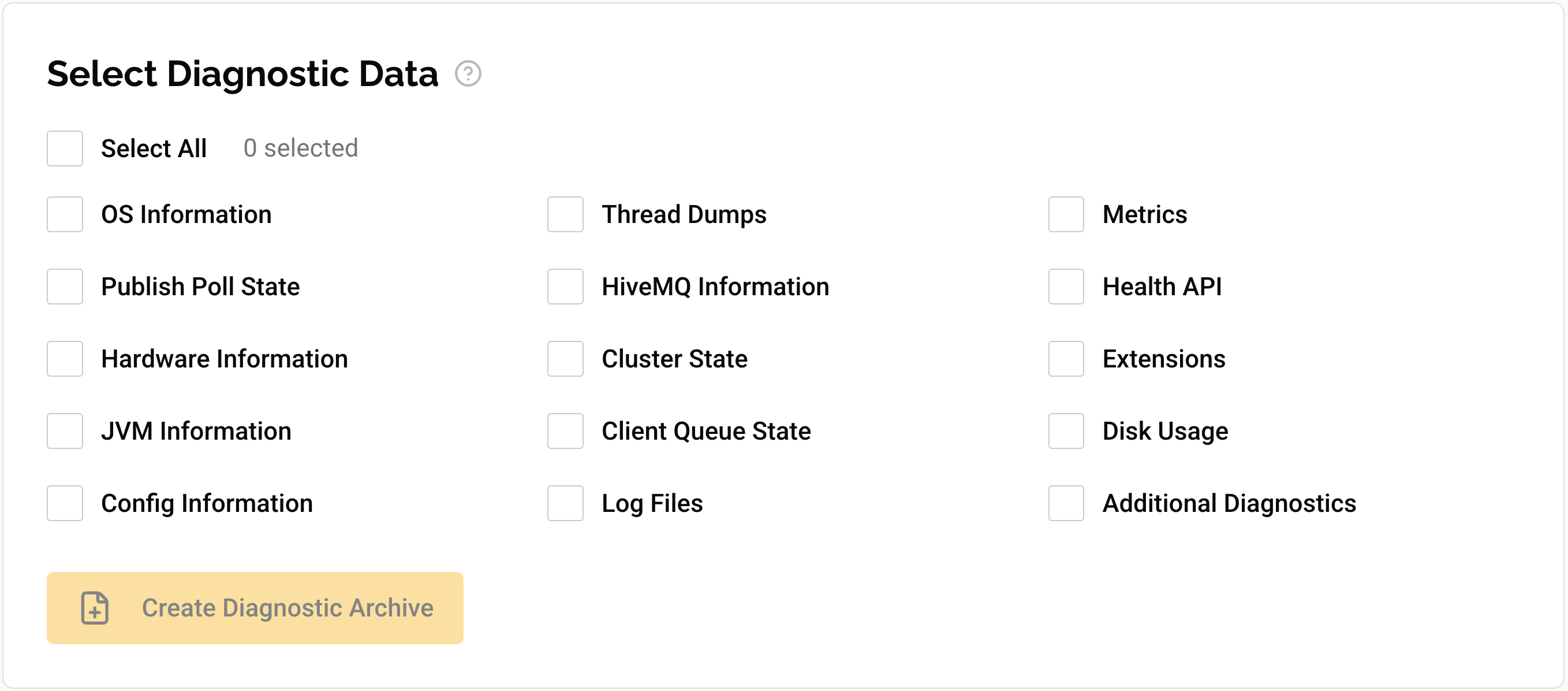 HiveMQ Control Center: Create Diagnostic Archive dialog