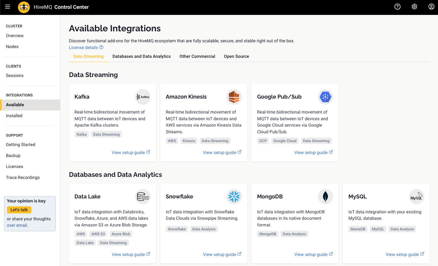 HiveMQ Control Center: Available Integrations overview