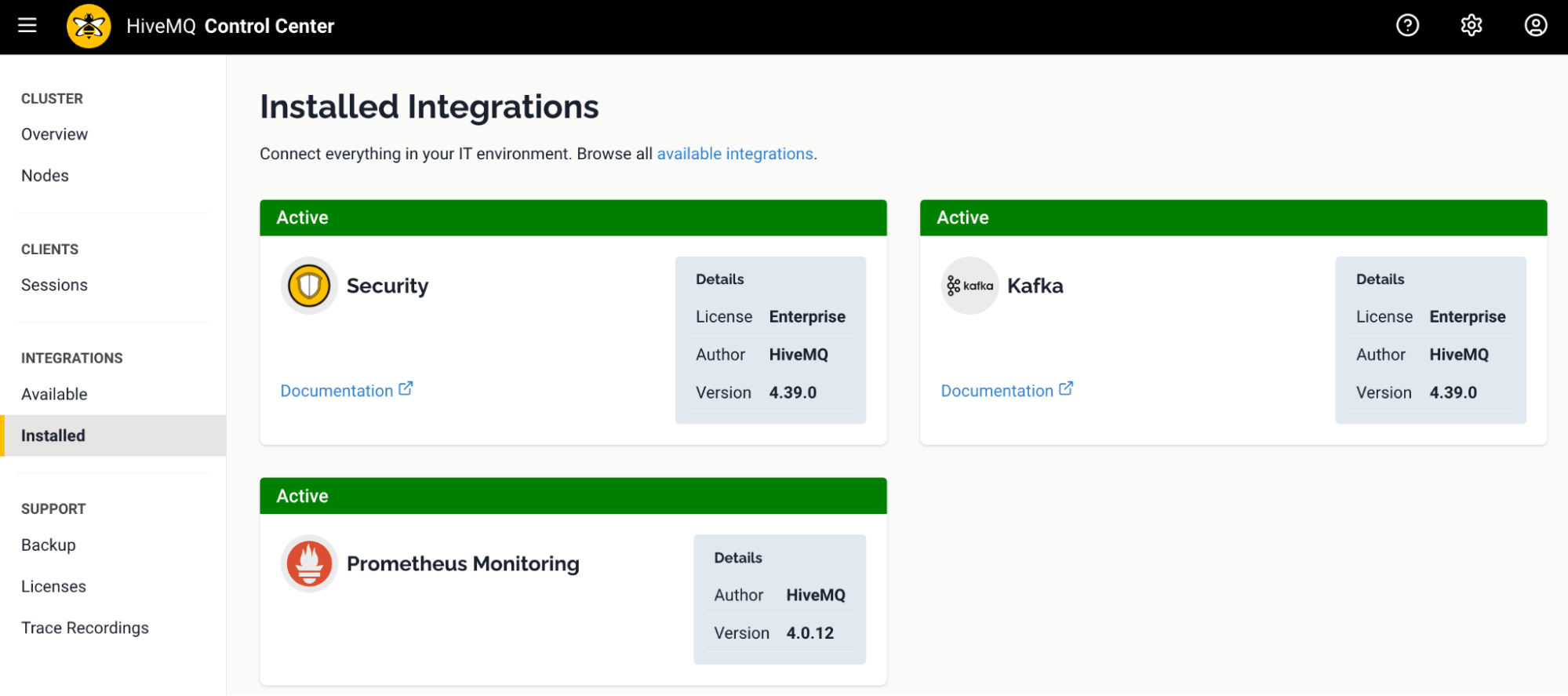 HiveMQ Control Center: Installed Integrations overview