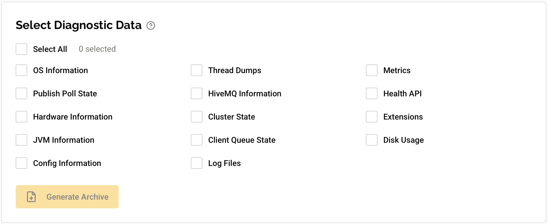 HiveMQ Control Center: Create Diagnostic Archive dialog