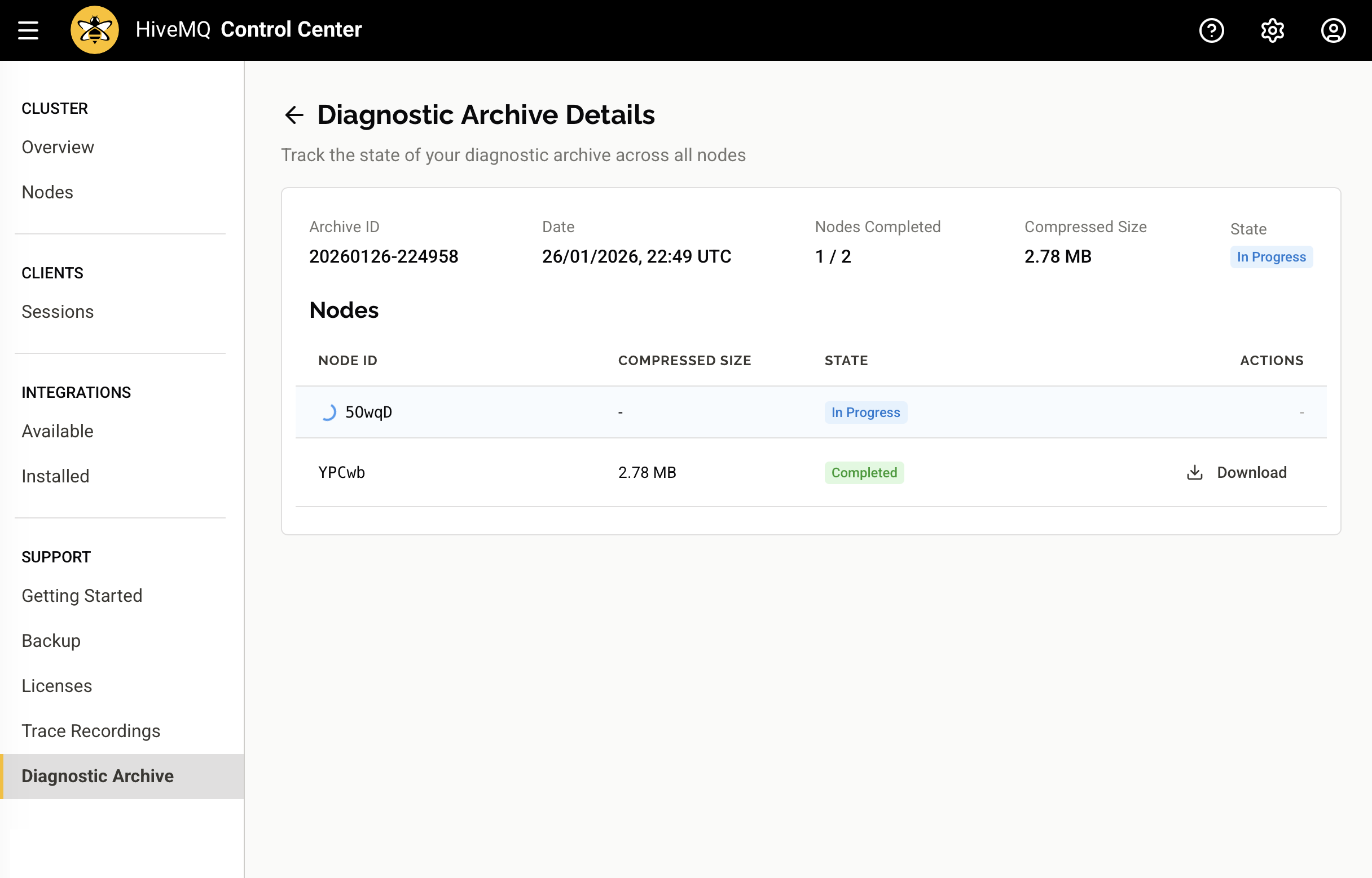 HiveMQ Control Center: Diagnostic Archive details with mixed status