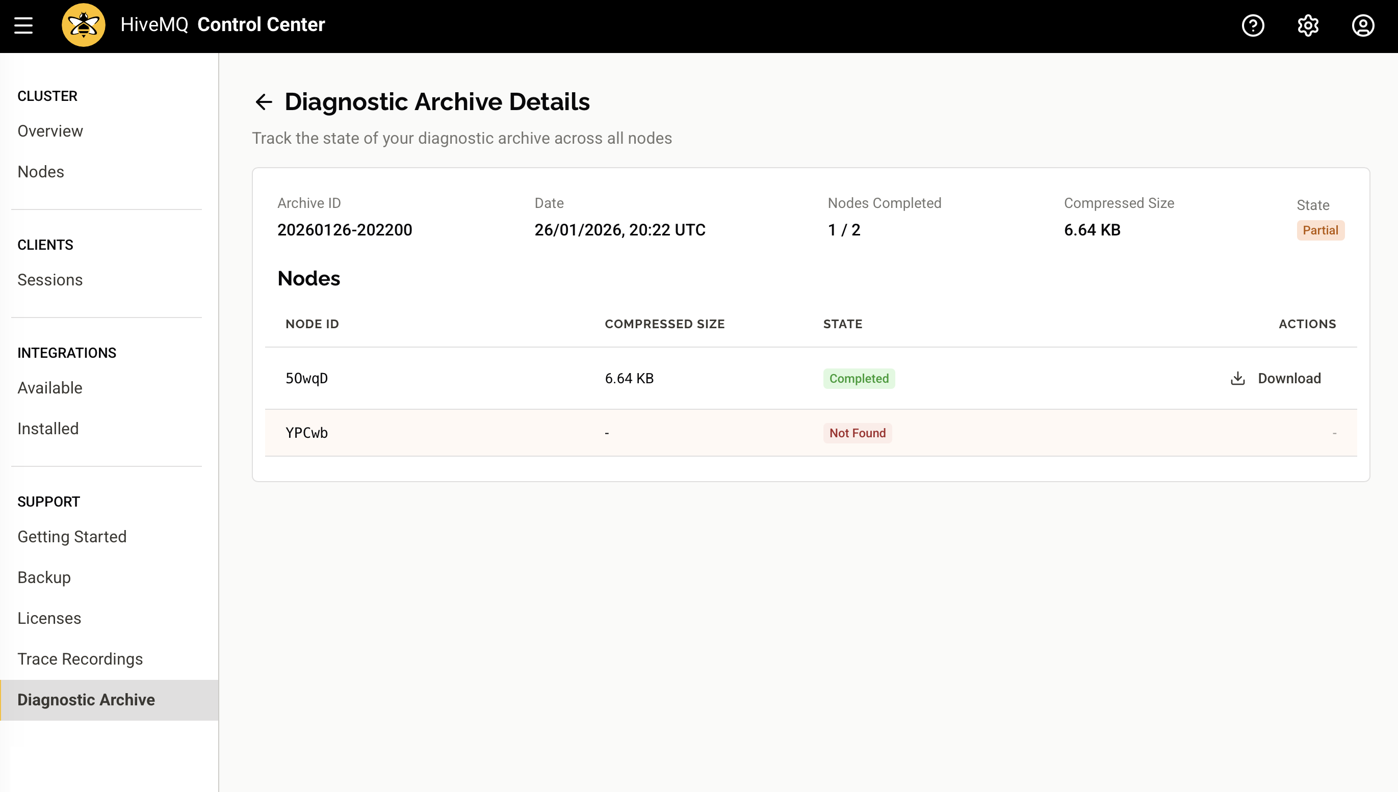 HiveMQ Control Center: Diagnostic Archive details with partial status