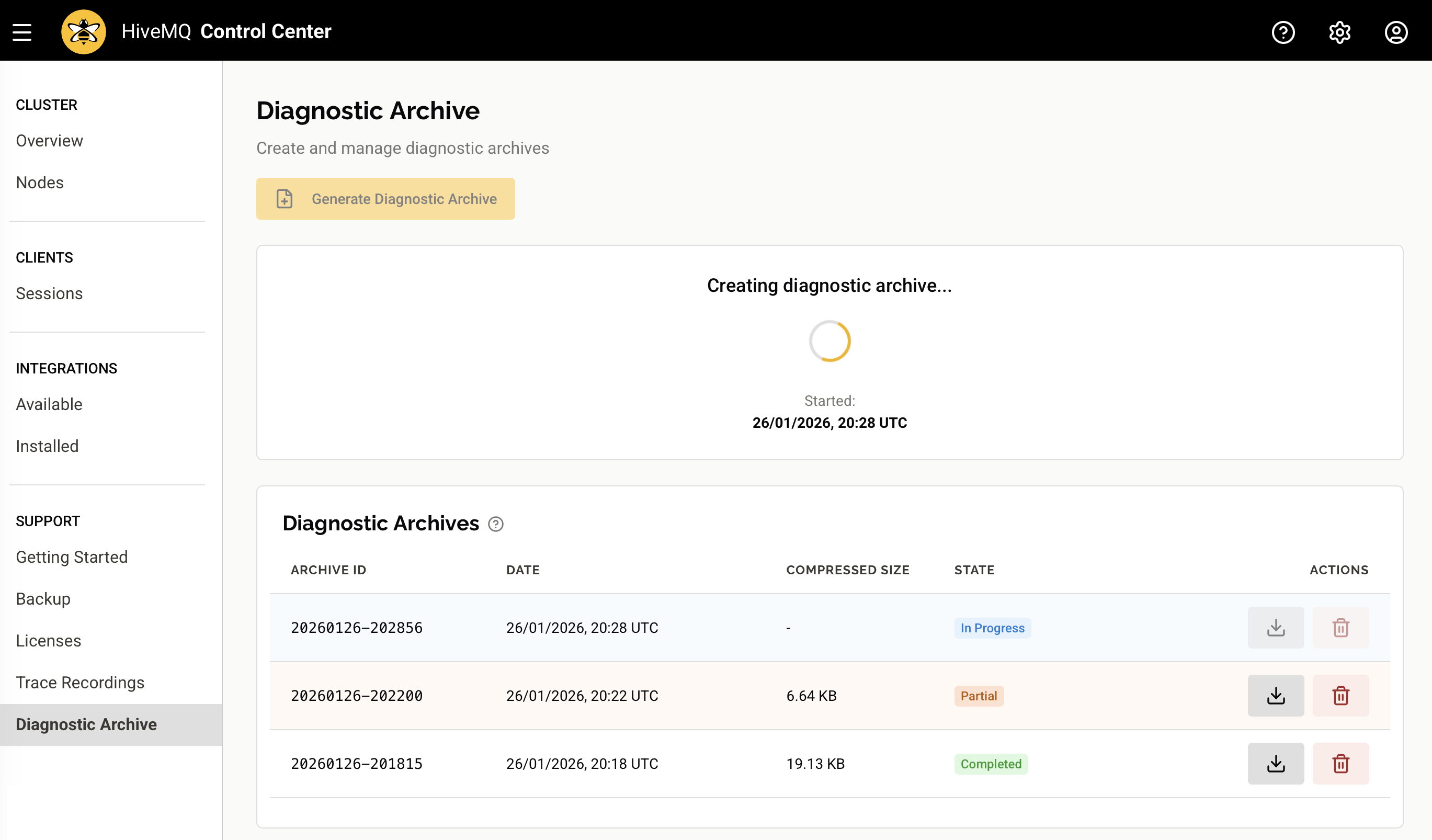 HiveMQ Control Center: Diagnostic Archive with loading indicator