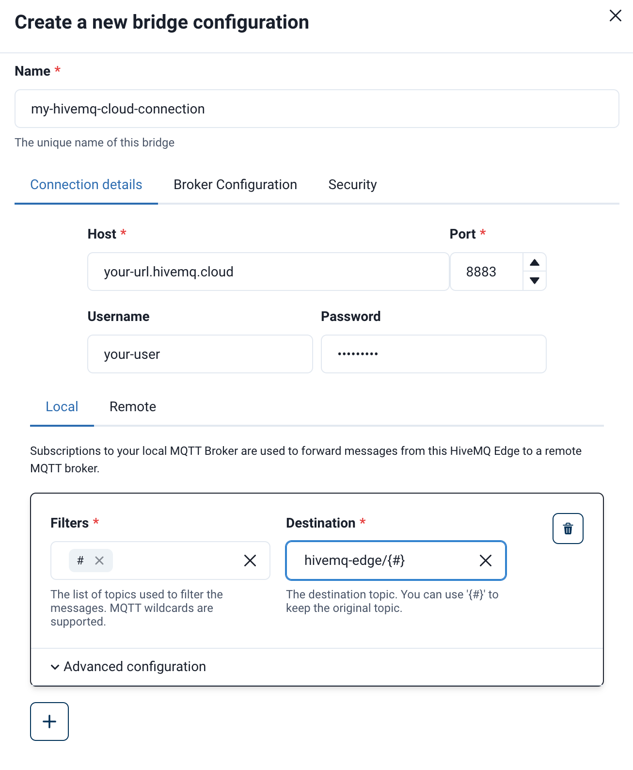 UI-Connection details for a new MQTT bridge