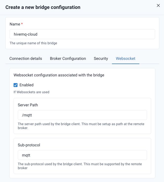 Configuration for WebSocket