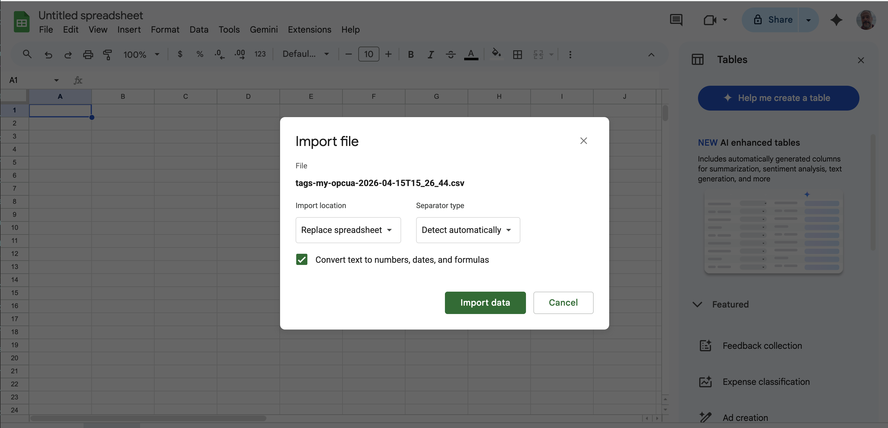 CSV imported into Google Sheets