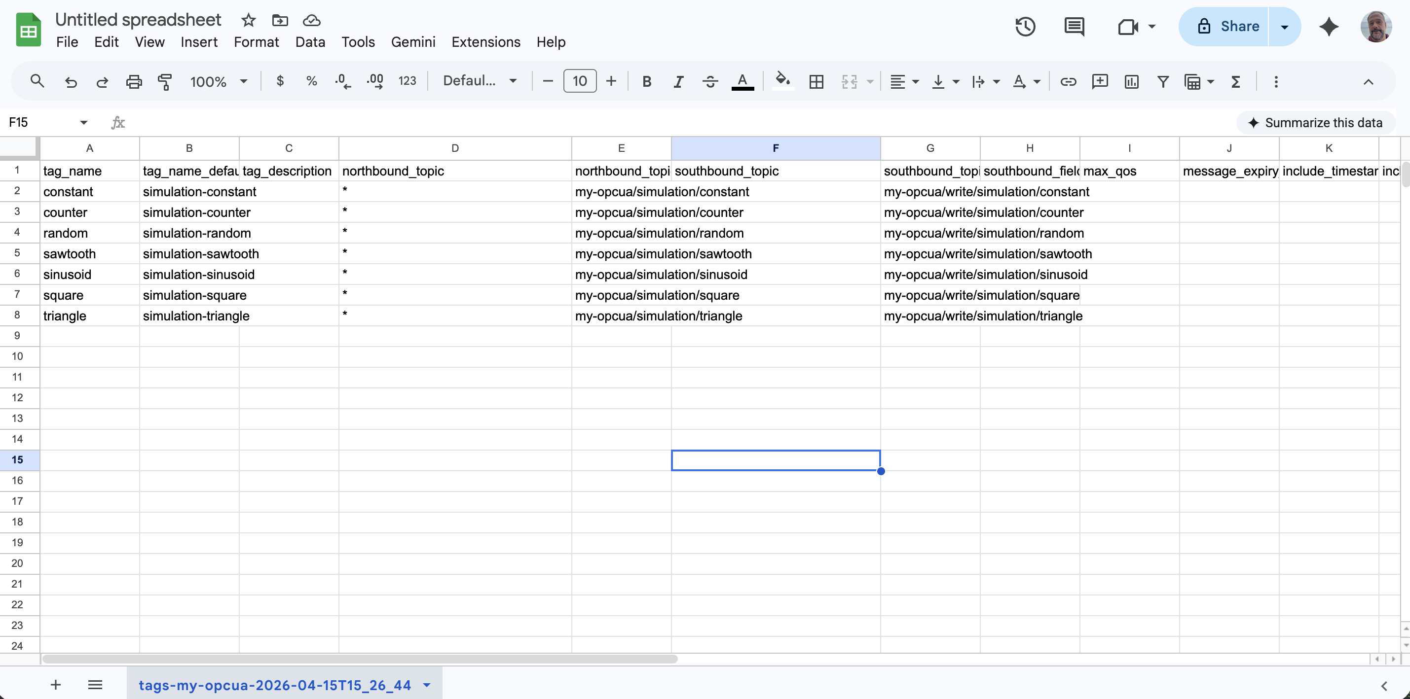 Spreadsheet with tag_name and northbound_topic filled in