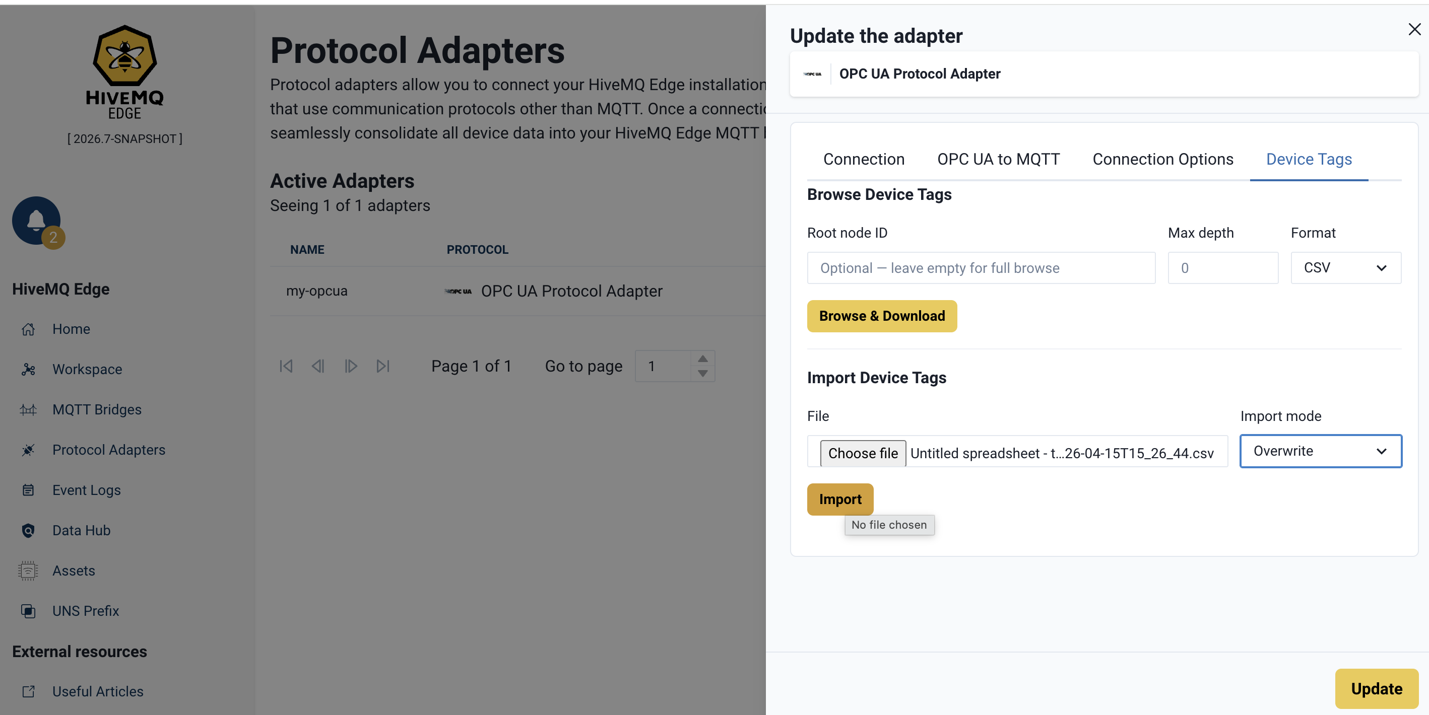 Import section with Overwrite mode and success toast