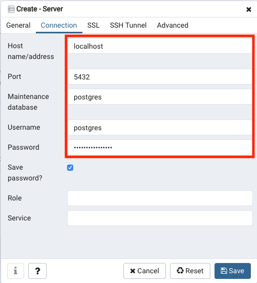 Insert postgresql docker connection information.