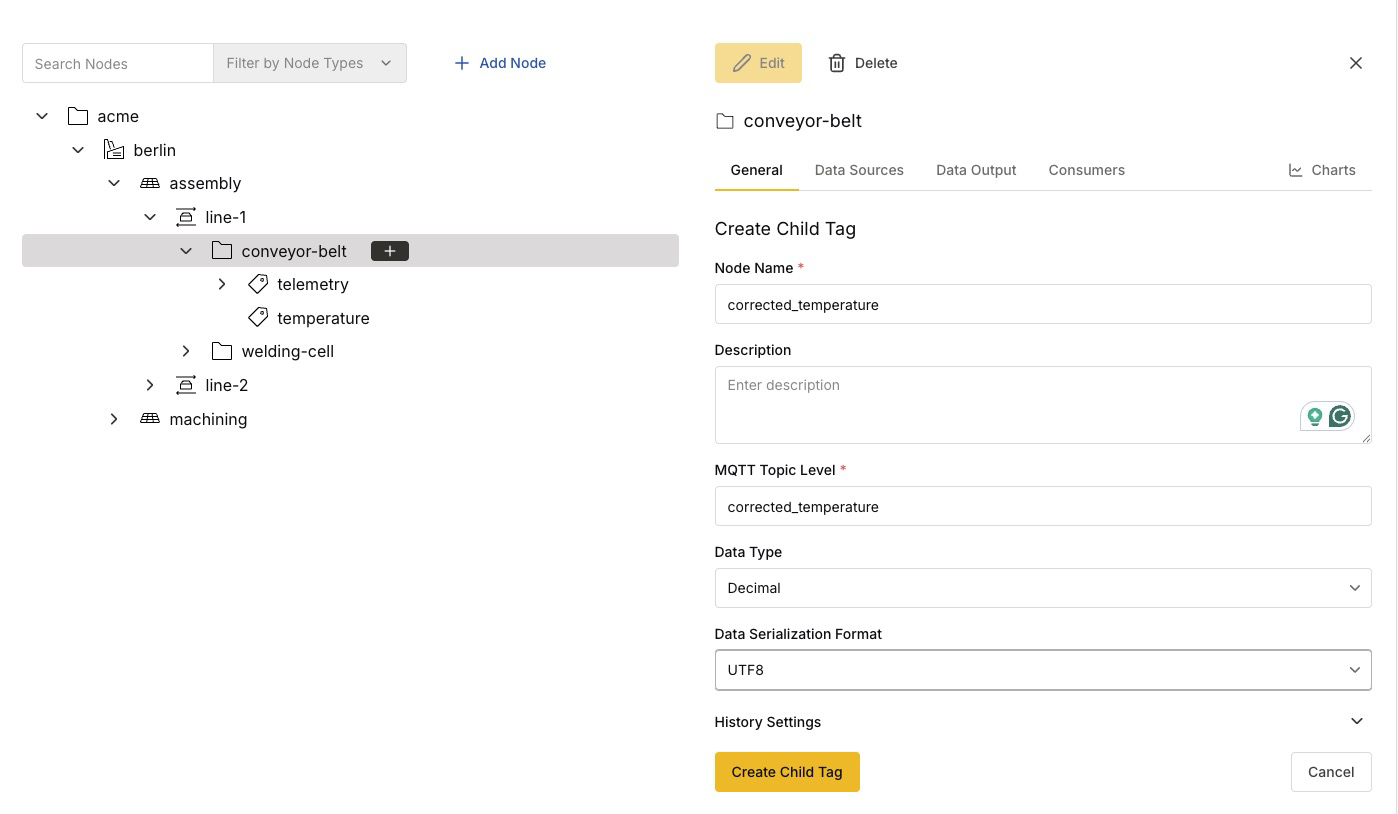 Create the corrected_temperature tag under conveyor-belt