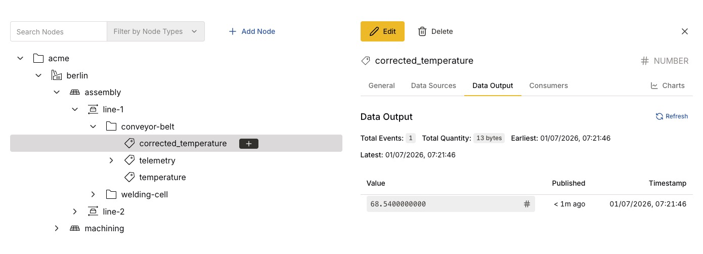 The computed corrected_temperature value in Data Output