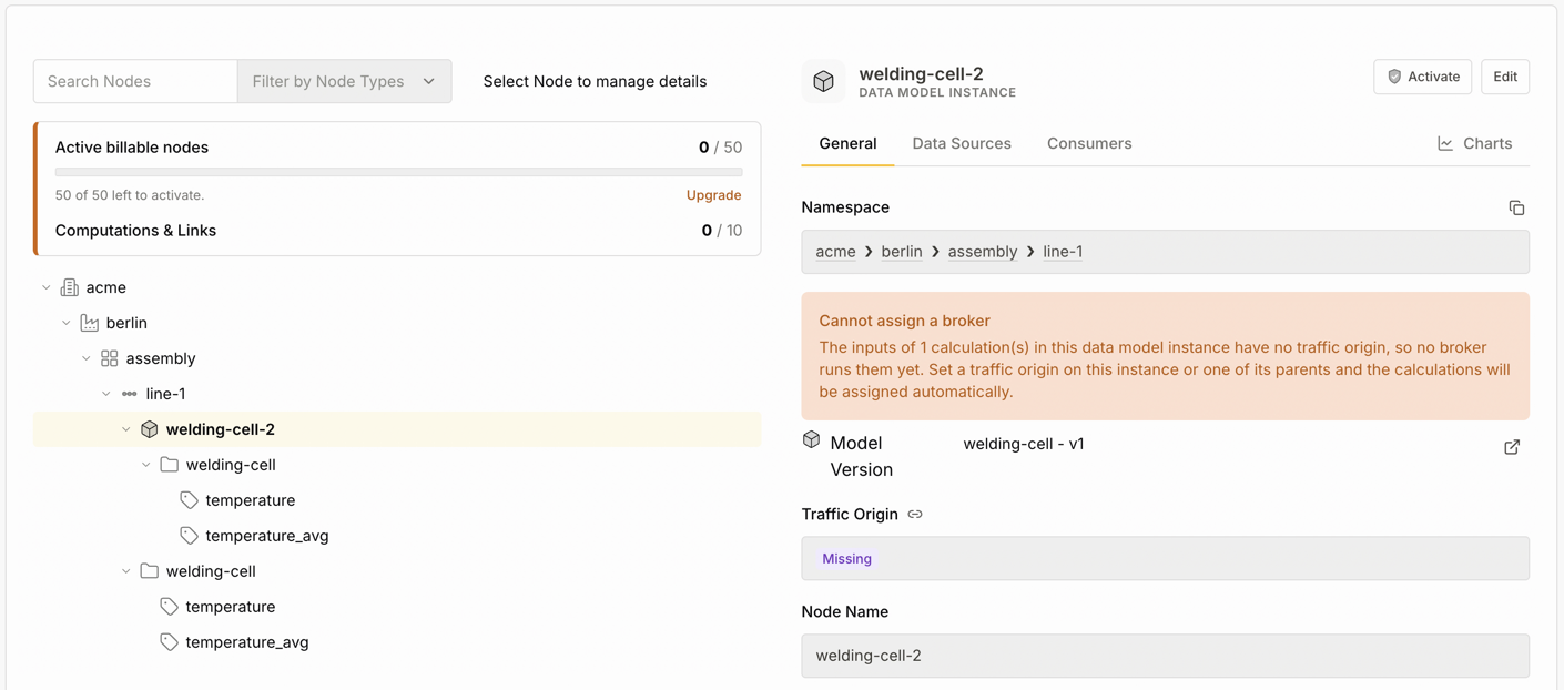 The General tab of the welding-cell-2 instance with the Cannot assign a broker warning and a missing traffic origin