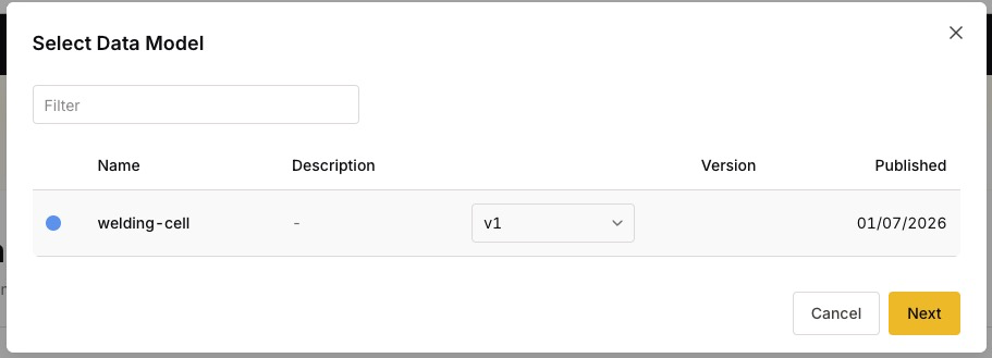 Select the data model and version to instantiate