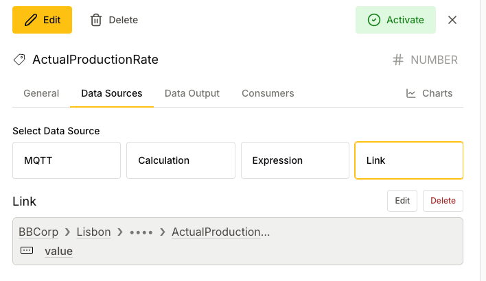 A tag with a Link data source and a selected destination link node