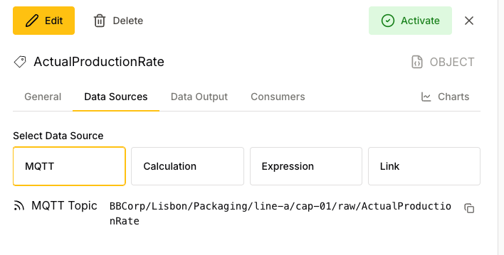 The Data Sources tab of a tag that reads from MQTT