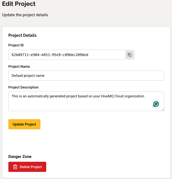 Edit HiveMQ Pulse Project Information