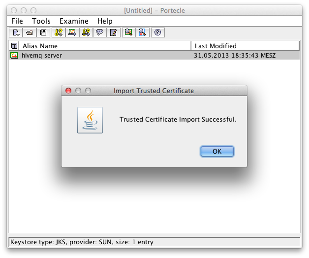 Successful import of the server certificate in the client key store
