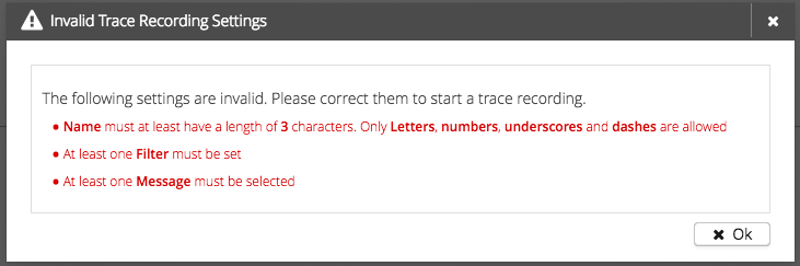 invalid trace settings