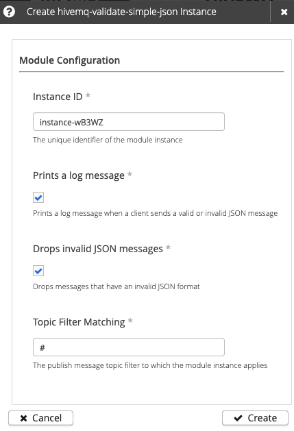 Create HiveMQ Validate Simple JSON Module instances