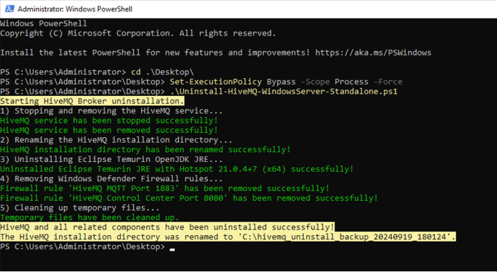 HiveMQ Uninstallation Ouput Example